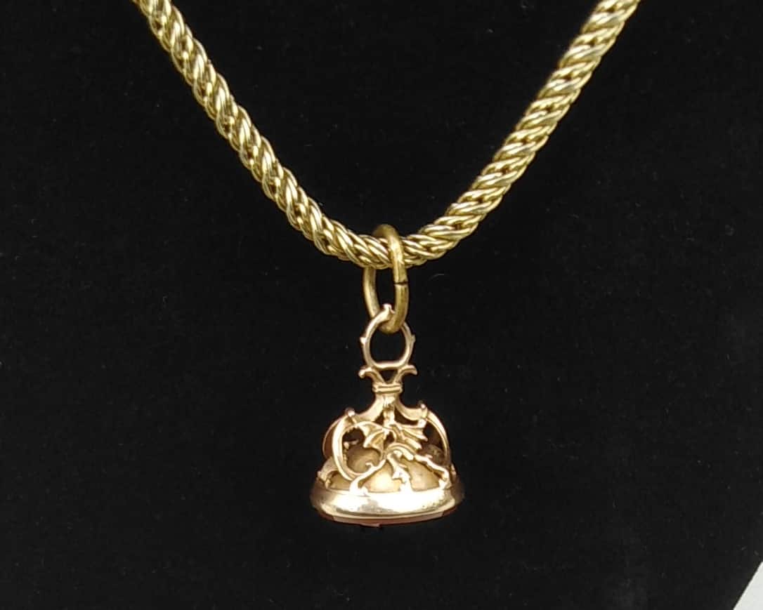 Antique Victorian Gold-Cased Carnelian Fob Pendant Necklace – 24" Heavy Rope Chain Statement Piece